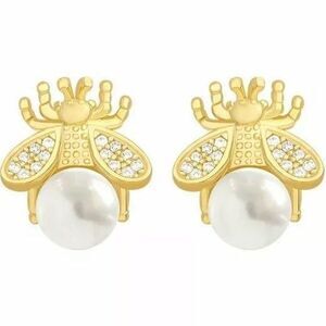 White Sapphire Honey Bee Earrings Gold Gift Womens Jewelry Formal Party Pearls